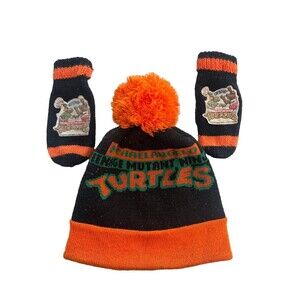 Vintage Teenage Mutant Ninja Turtles Youth Beanie Pom Pom Winter Hat & Mittens